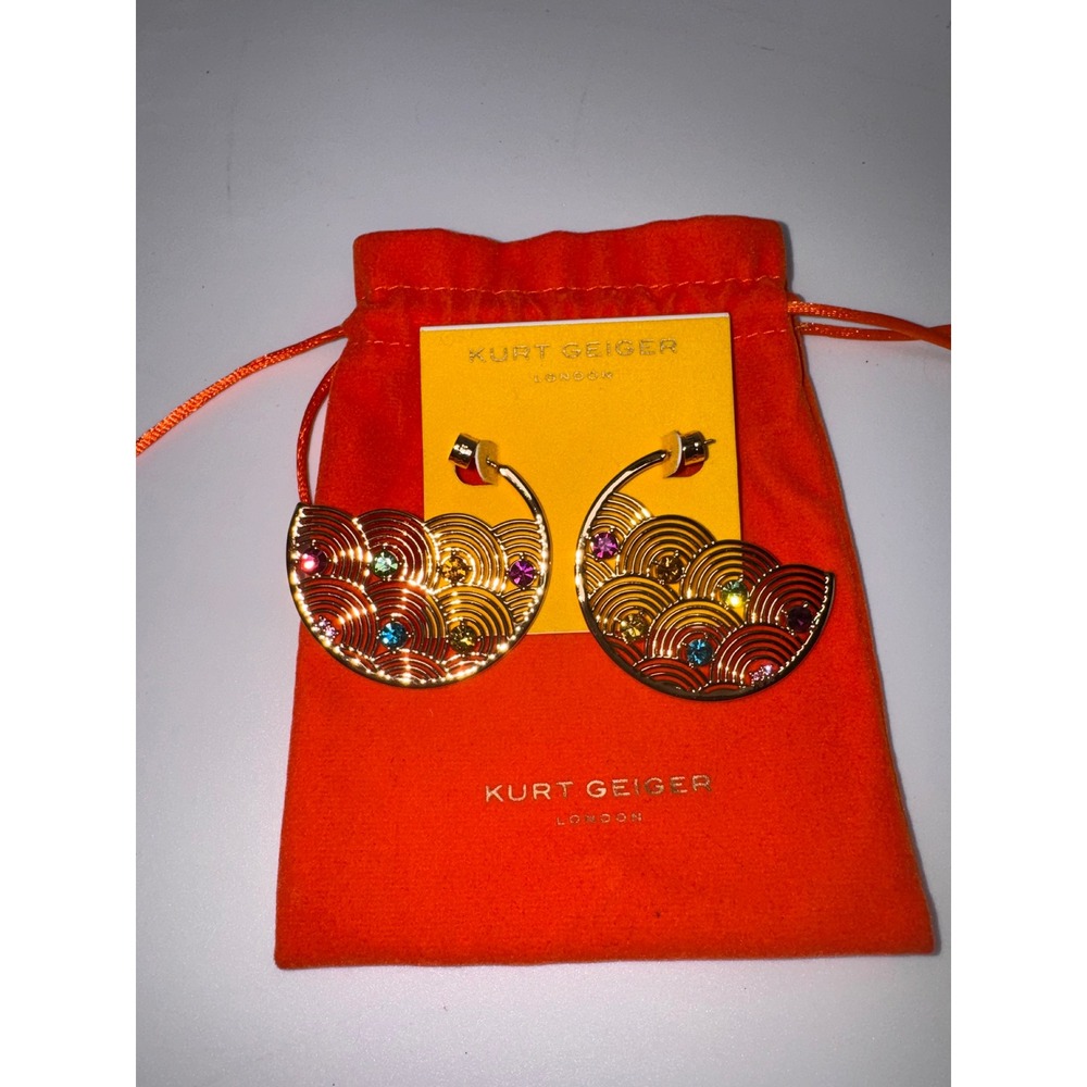 Kurt Geiger London Gold Tone Wave Hoop Earrings Multi Color Crystal 492741GLD966